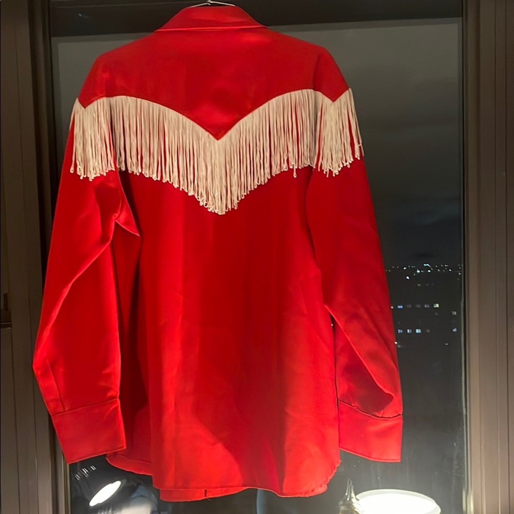 Red and White Western Dress Shirt with Fringe